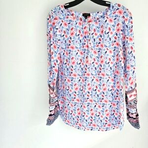 Talbots Floral Long Sleeve Blouse Red White Blue